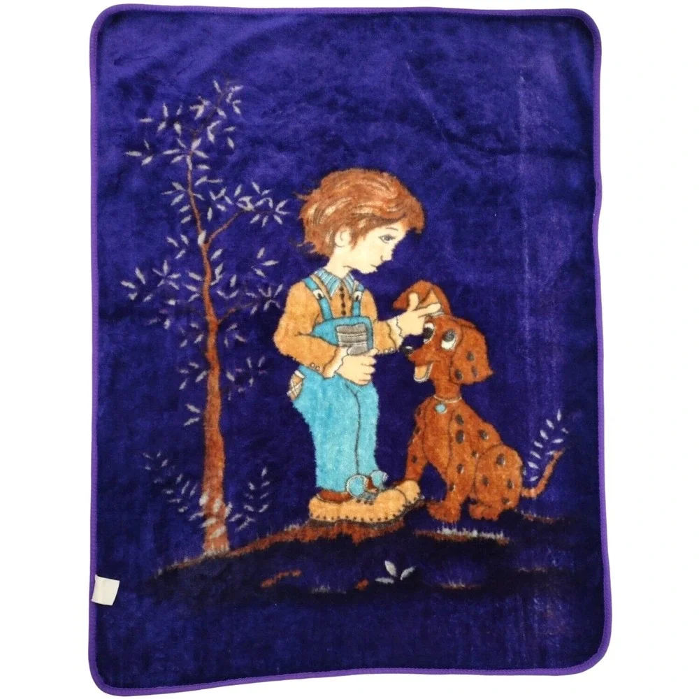Vtg Purple Boy & Puppy Dog Tree Throw Blanket 40x50 Overalls Brown htf Thick‎